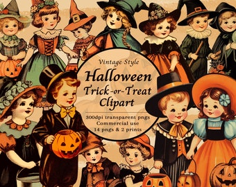 Imágenes prediseñadas vintage de Halloween: trucos o tratadores retro, uso comercial, 14 PNG de alta resolución y hojas de impresión cortadas exigentes, descarga instantánea