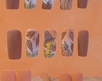 Juego completo de uñas postizas para Acción de Gracias con amigos