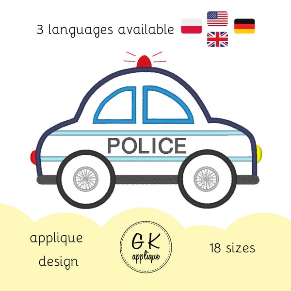Police car applique design. Police car embroidery. 3 languages (POLICE, POLICJA, POLIZEI). Machine embroidery design.