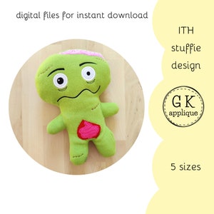 ITH Zombie stuffie design. ITH Halloween stuffie. ITH monster soft toy. Machine embroidery designs. In the hoop Halloween design.