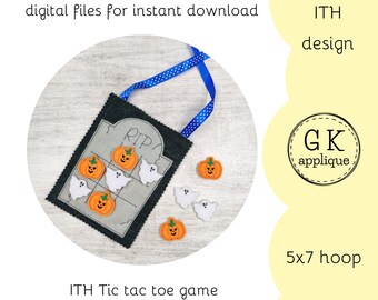 ITH Tombstone Tic Tac Toe game design. ITH Halloween machine embroidery design. In the hoop machine embroidery pattern.