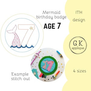 ITH Mermaid 7th birthday badge design. In the hoop birthday rosette, age 7. In the hoop sea birthday party machine embroidery design.