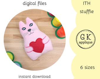 ITH Cat soft toy design. In the hoop stuffie pattern. Kitten machine embroidery design