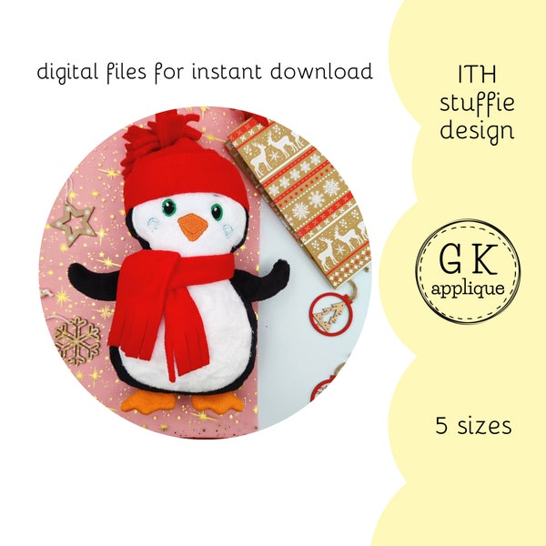 ITH Penguin stuffie design. In the hoop penguin plushie. ITH winter soft toy machine embroidery design. ITH animal softie pattern. 5 sizes.