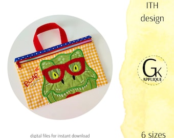 Design de bolsa retangular com zíper de dinossauro ITH. Totalmente forrado. Bolsa com zíper no bastidor. Design de bordado de bolsa de dinossauro. Arquivos digitais, download instantâneo