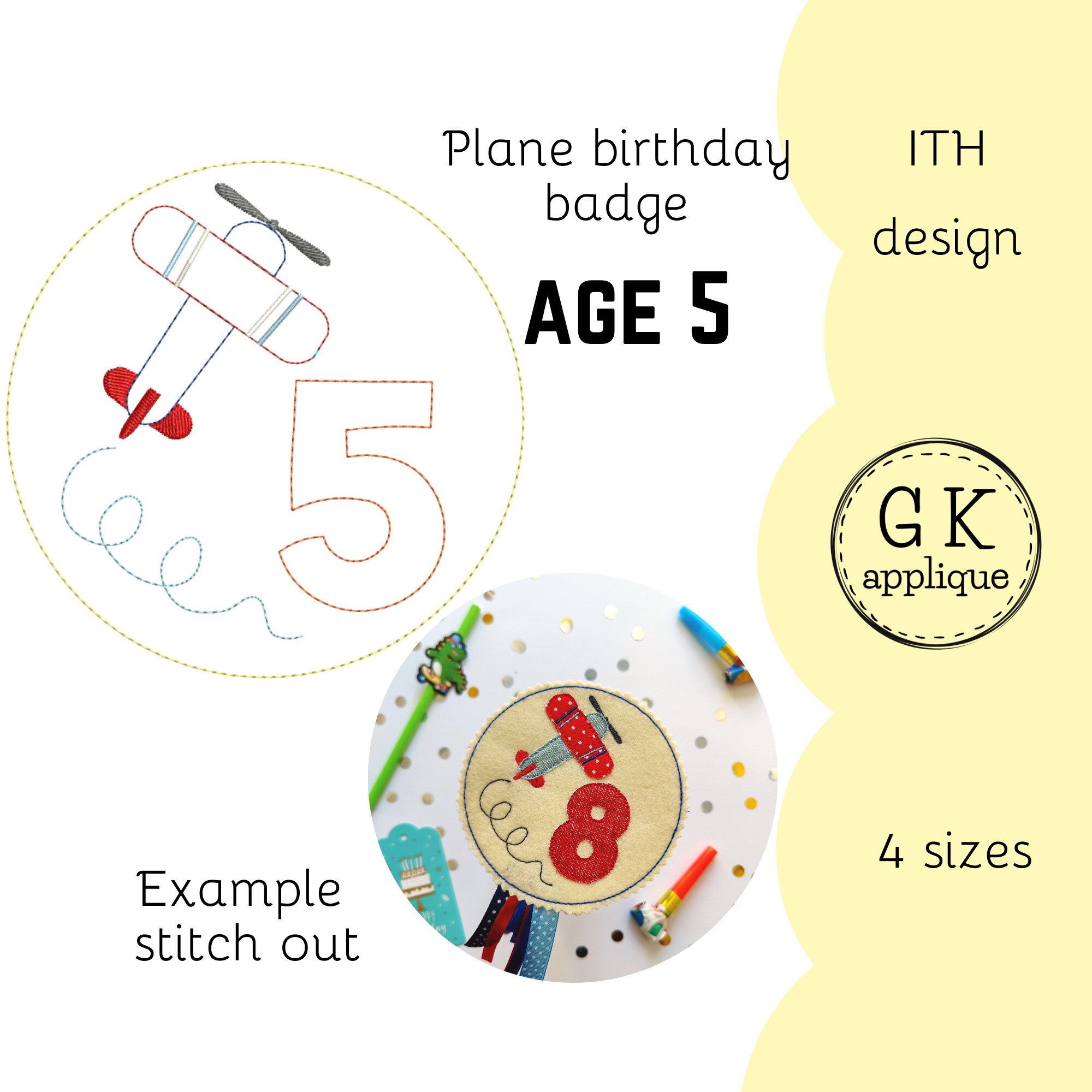 ITH Plane 5th birthday badge design. In the hoop birthday rosette, age 5. In the hoop sea birthday party machine embroidery design. 4 sizes.