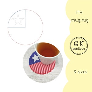 ITH American flag mug rug design. In the hoop US flag mug rug pattern. Patriotic machine embroidery design. 4th of July ITH applique.