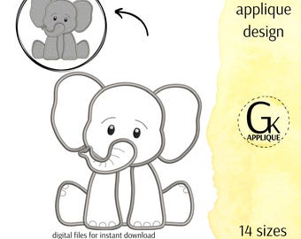 Lindo diseño de aplique de elefante. Patrón de bordado a máquina de animales. 14 tamaños. Archivos digitales para descarga instantánea.