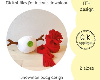 Un conjunto de diseños de muñecos de nieve de ITH. Diseños de cuerpo, brazos y botones de ITH. Muñeco de peluche en el aro. Diseño de bordado a máquina navideño.