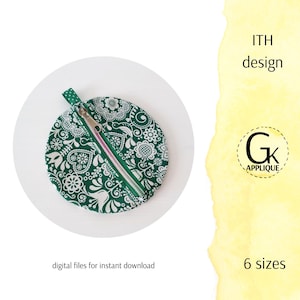 ITH Round zipper bag design. Fully lined. In the hoop square zipper pouch. Bag embroidery design. Digital files for instant download.