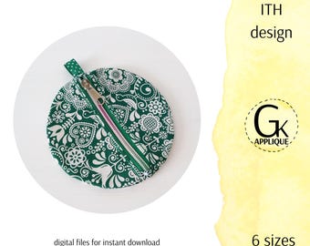 ITH Round zipper bag design. Fully lined. In the hoop square zipper pouch. Bag embroidery design. Digital files for instant download.