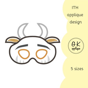 May include: A white cow mask with brown ears, gray horns, and orange eyes. The mask is designed for in-the-hoop embroidery and is available in five sizes. The text "ITH applique design" and "GK applique" is also included in the image.