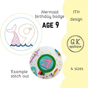 ITH Mermaid 9th birthday badge design. In the hoop birthday rosette, age 9. In the hoop sea birthday party machine embroidery design.