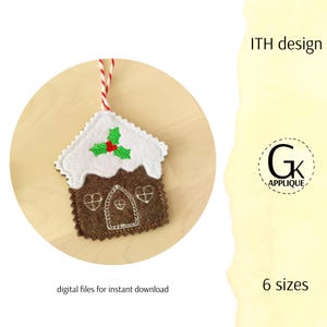 ITH Gingerbread house ornament design. ITH Christmas ornament pattern. Xmas machine embroidery design. ITH heart design.