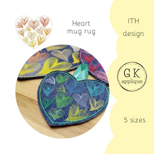 ITH Heart mug rug pattern. In the hoop Valentine&#39;s Day mug rug. Love machine embroidery design. 5 sizes. Digital files for instant download.