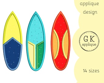 Surfboards applique design. Water sport embroidery pattern. Summer machine embroidery design.