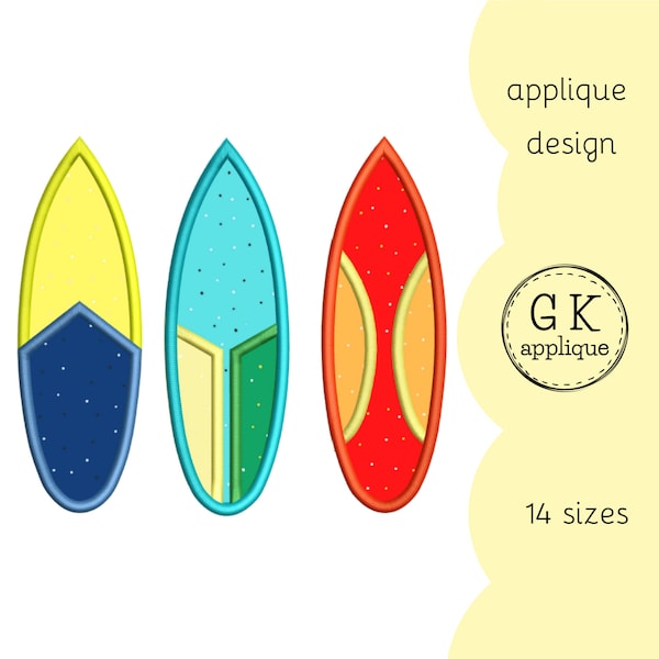 Surfboards applique design. Water sport embroidery pattern. Summer machine embroidery design.