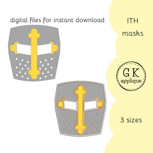 May include: Two gray and gold knight helmet masks with a cross design. The masks are available in three sizes.  The text "ITH masks" and "GK applique" is also included in the image.