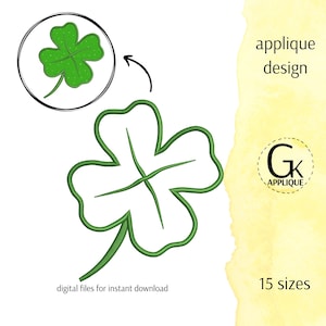 Four-leaf clover applique design. Shamrock embroidery pattern. Machine embroidery design. 15 sizes. Digital files for instant download.