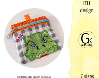 Design de bolsa quadrada com zíper ITH Dinosaur. Totalmente forrado. Bolsa com zíper no bastidor. Design de bordado de bolsa Dino. Arquivos digitais, download instantâneo
