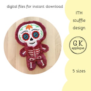 ITH Skeleton girl stuffie design. ITH Halloween stuffie. ITH skeleton soft toy. Machine embroidery designs. In the hoop Halloween design.