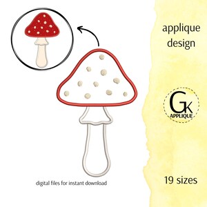 May include: An applique design of a red mushroom with white spots and a cream-colored stem. The design is outlined in red and white. Text includes "applique design", "digital files for instant download", and "19 sizes". A logo with the letters "Gk" is also present.