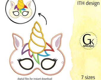 ITH Unicorn mask applique design. Halloween mask embroidery design. In the hoop mask. Machine embroidery design.