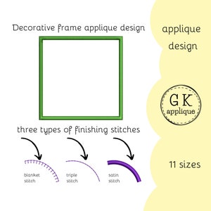 Può includere: Design di applique per cornice verde con tre tipi di punti di finitura: punto a coperta, punto triplo e punto raso. Il design è disponibile in 11 dimensioni. GK applique.