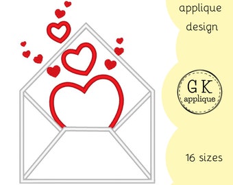 Love envelope applique design. Envelope with hearts applique pattern. Valentine's Day machine embroidery design.