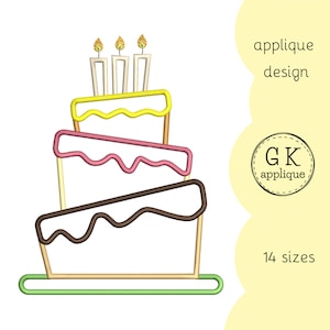 May include: A three-tiered birthday cake applique design with yellow, pink, and brown icing. The cake has three lit candles on top. The design is available in 14 sizes.