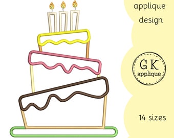 Fancy birthday cake applique design. Food applique. Birthday machine embroidery design.