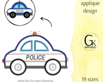 May include: A white police car applique design with blue details, a red light on top, and the word "POLICE" printed on the side. The design is available in 19 sizes.