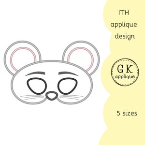 May include: A grey mouse applique design with pink ears. The design is available in 5 sizes. The text "ITH applique design" and "GK applique" is also included in the image.