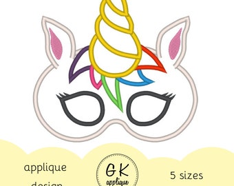 ITH Unicorn mask applique design. Halloween mask embroidery design. In the hoop mask. Machine embroidery design.