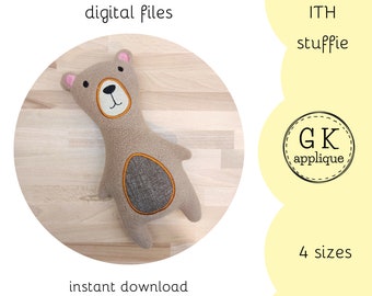 ITH Teddy bear stuffie. ITH animal soft toy. ITH softie machine embroidery design.