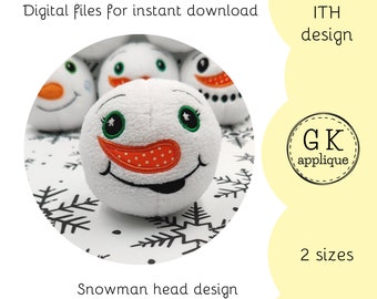 May include: A white snowman head embroidery design with green eyes, an orange nose with white polka dots, and a black stitched smile. The design is available in two sizes. The image also includes the text "ITH design" and "GK applique".