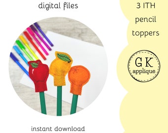 A set of three ITH pencil topper designs. ITH pencil topper. In the hoop machine embroidery design. Food embroidery pattern.