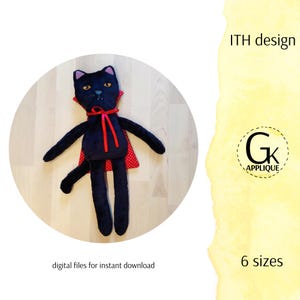 Vlad the cat ITH stuffie design. Cat soft toy ITH pattern. In the hoop machine embroidery design. Halloween embroidery.