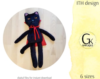 Vlad the cat ITH stuffie design. Cat soft toy ITH pattern. In the hoop machine embroidery design. Halloween embroidery.