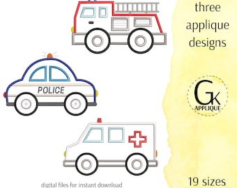 Set di disegni per applique di veicoli di emergenza. Tre disegni per ricamo a macchina. Schema per ricamo di ambulanza, auto della polizia, camion dei pompieri. 19 misure.