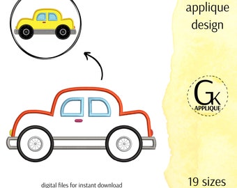 May include: Applique design of a white car with red trim, blue windows, and gray wheels. The design is available in 19 sizes.