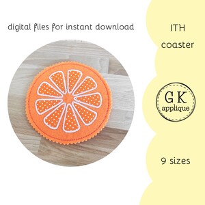 ITH Citrus coaster design. ITH Orange much rug embroidery pattern. In the hoop lemon coaster design. Lime mug rug applique. Fruit embroidery