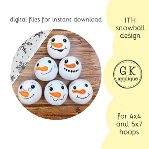 May include: Six embroidered snowman faces on a wooden surface. The faces are different expressions and have black, white, orange, and green embroidery. The text "ITH snowball design" and "GK applique" are on the right side of the image. The text "for 4x4 and 5x7 hoops" is at the bottom of the image.