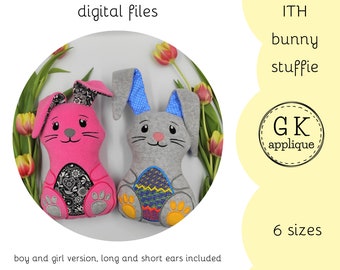 ITH bunny stuffie design. Boy and girl version. Long and short eats. Easter ith machine embroidery design. ITH Bunny softie.