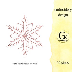 May include: A red snowflake embroidery design on a white background. The design is a digital file for instant download, available in 19 sizes. The words "embroidery design" and "GK APPLIQUE" are also visible.
