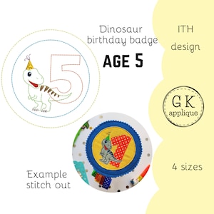 ITH Dinosaur 5th birthday badge design. In the hoop birthday rosette, age 5. In the hoop dino birthday party machine embroidery design.