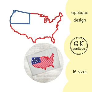 Könnte beinhalten: Applikationsdesign der Vereinigten Staaten von Amerika in Rot, Weiß und Blau. Das Design umfasst einen roten Umriss des Landes mit einem blauen Rechteck, das den Bundesstaat Wyoming darstellt. Das Design ist in 16 Größen erhältlich. GK Applikation.