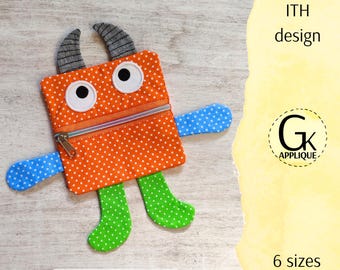 ITH Monster zipper bag design. Fully lined. In the hoop zipper pouch. Monster bag embroidery design. Digital files, instant download.6 sizes