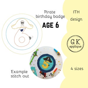 ITH Pirate 6th birthday badge design. In the hoop birthday rosette, age 6. In the hoop birthday party machine embroidery design.