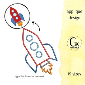 Diseño de aplique de cohete espacial. Diseño de bordado a máquina. 19 tamaños. Archivos digitales. Descarga instantánea.